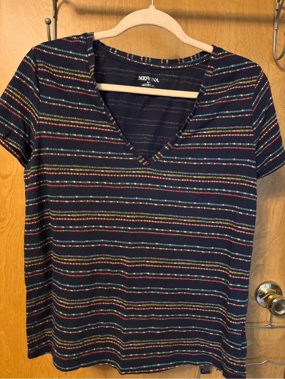 Merona Navy Multicolor Striped V-Neck Tee